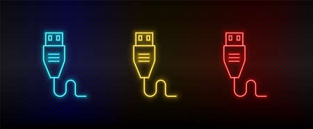 Neon icon set Usb. Set of red, blue, yellow neon vector iconのイラスト素材