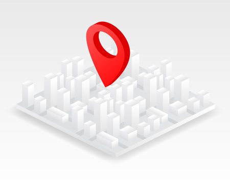 Isometric geolocation map with buildings and roads. Minimalistic navigation map. Location with pin pointer. Isometric vector illustration of part some city or townのイラスト素材