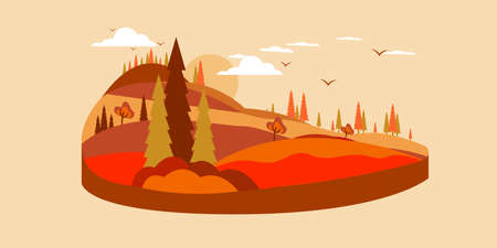 Autumn landscape.Panoramic of countryside landscape.Cartoon yellow orange fall tree and autumnal garden bush icon with fall season gold leaves for city park and forestのイラスト素材