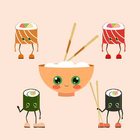 Funny sushi characters. Funny sushi with cute faces. Sushi roll and sashimi set. Happy sushi characters. Asian food, vector illustration isolated on white background.のイラスト素材