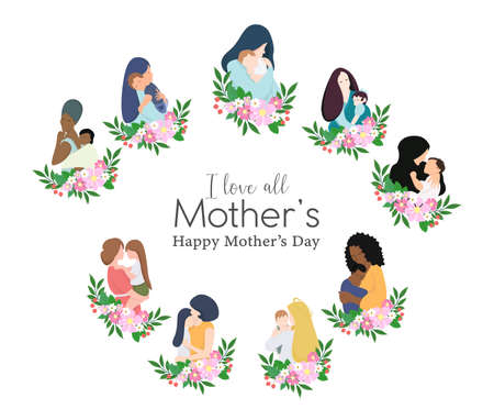 Vector illustration set with a different collection for Happy Mothers celebration concept. African, Russian, Asian, Arabian happy mothers with childrens and flowers vector illustrationのイラスト素材