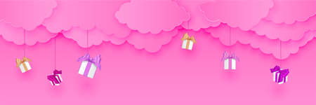 Happy birthday with falling gift box in the sky in paper cut style. Digital craft paper art. Vector illustration pink color paper styleのイラスト素材