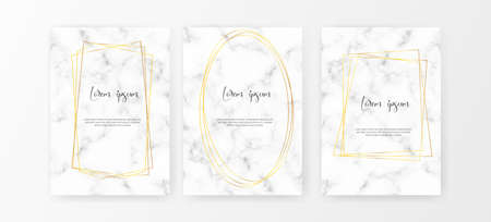 Wedding card design with golden frames and marble texture. Wedding announcement or invitation design template with geometric patterns and luxury backgroundのイラスト素材