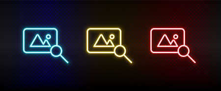 find, photo neon icon set. Set of red, blue, yellow neon vector iconのイラスト素材