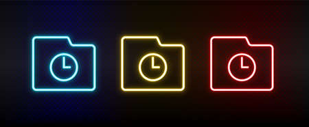 clock, folder, story neon icon set. Set of red, blue, yellow neon vector iconのイラスト素材