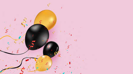 Black and yellow helium balloons on pink background. Flying latex ballons. Vector illustration. Holiday background for card, poster, flyer, voucher.のイラスト素材