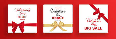 Valentines day festive composition with two red, ribbon hearts with golden stripe and red ribbon petals flowers on a colorful abstract background. Top view vector illustration. Banner design.のイラスト素材