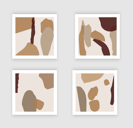 Abstract terrazzo style background set with pastel color hand drawn geometric shapes and lines and tropical leaves silhouettes. Works for decor wall prints or book cover or flyer or menu design.のイラスト素材