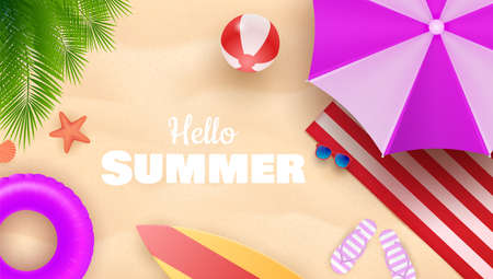 Hello Summer Background with Colorful Umbrella, Beach Ball, and Lifebuoy in the Sand Sea Shore for Summer Season. Vector Illustrationのイラスト素材