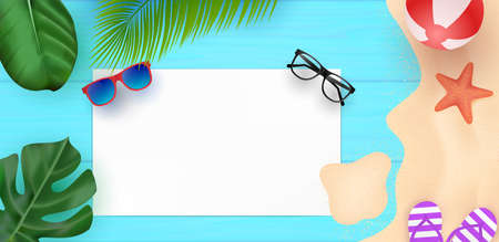 Hello Summer time with blue wood background and sand beach with starfish horizontal poster banner templateのイラスト素材