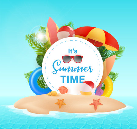 Hello Summer typographic on withe circle background. Tropical plants, beach ball, sunglasses and sea shells. Vector illustration. Hello summer vector illustrationのイラスト素材