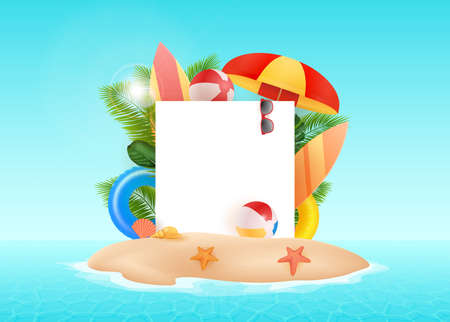 Vector Summer Time Holiday free frame illustration on vintage white background. Vector template. Tropical plants, flower, beach ball landscape. Design template for banner, flyerのイラスト素材