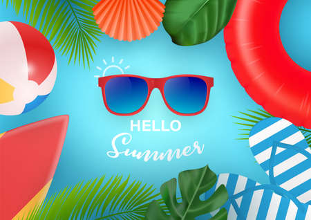 Hello Summer web banner. Top view on summer composition with realistic objects and tropical fruit on...
