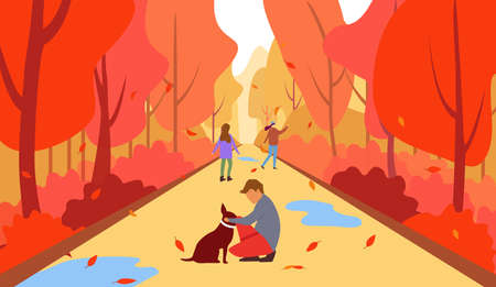 Family in autumn, Vector illustration of a happy family in the autumn on a walk around the park. Child and dog stroll through the parkのイラスト素材