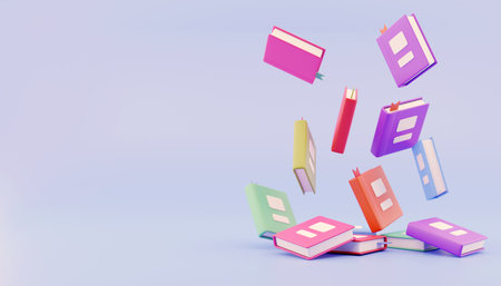 3d render. Many stacked books falling on blue background free area for text