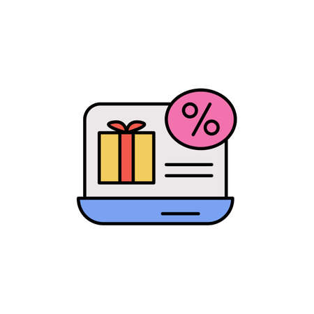 E-commerce laptop, giftbox, discount color vector iconのイラスト素材