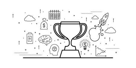 Illustration of vector modern line flat design business composition and infographics elements with a male leader and aims symbolsのイラスト素材