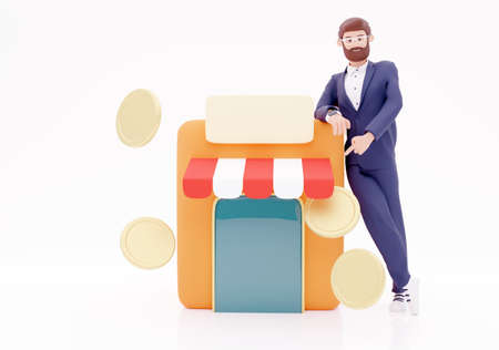 Cartoon character and shop with coin icon. Concept businessman shop. 3d illustration