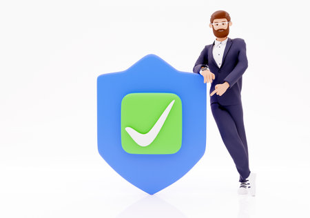 Cartoon character businessman a big shield on a white background. 3d render illustration.の写真素材