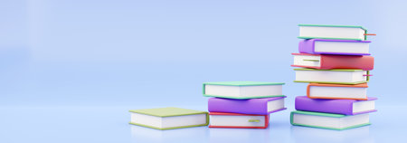 Books stack of book covers colorful textbook bookmark. School studying information content learn icon concept. 3d render isolated on white backgroundの写真素材