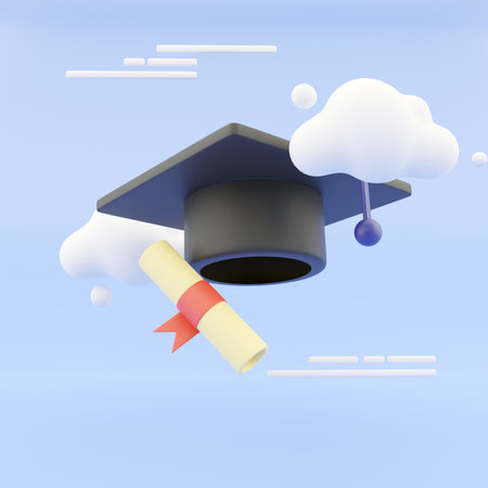 graduation hat and diploma cartoon style with clouds on abstract background. 3D Illustration. 3D Rendering.の写真素材