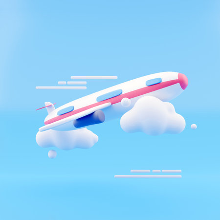 Flying air plane with cloud on blue background. Creative minimal concept. 3d renderingの写真素材