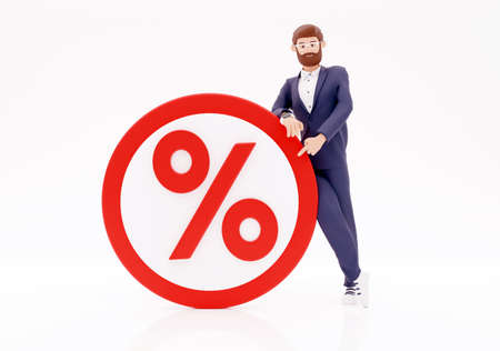 3d render cartoon character and big percent icon. Concept business interest rate. 3d illustration. Discount and 3d character sign.の写真素材
