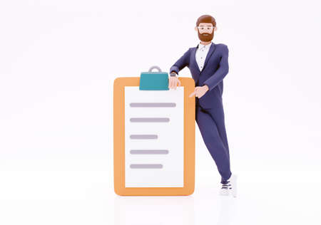 Cartoon character businessman points to tablet. 3d render illustration. Illustration for advertising.の写真素材