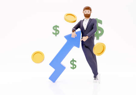Concept of financial growth. Dashboard with the analysis of finance. Cartoon character businessman 3d illustration on white background.の写真素材