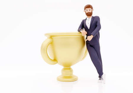 Businessman with a gold cup on a white background. 3d render illustration. 3d Character with golden cupの写真素材
