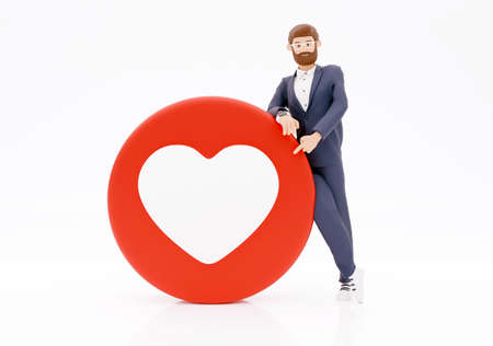 3d character businessman with love emoji on white background Social network concept. 3d render illustration.の写真素材