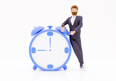 3d businessman near to an alarm clock. 3d image. Isolated white background. 3d character with oclock