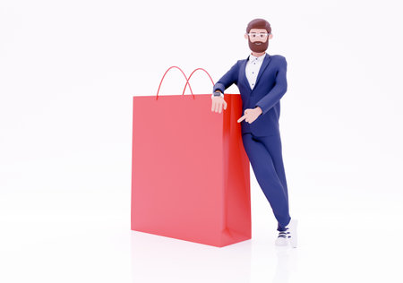 3d render character businessman with shop bag. A happy businessman shopping bag and giving thumb up. Isolated on white backgroundの写真素材