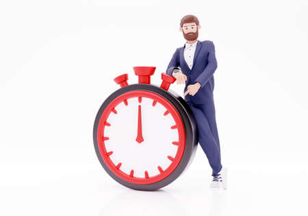3d render character businessman timer on white background. 3d illustration businssman with timerの写真素材