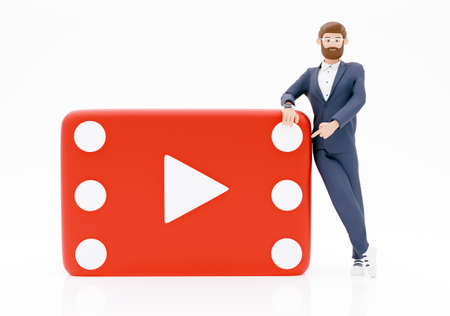 Creative 3D Render businessman character with videoplay banner, marketing material, business presentation, online advertisingの写真素材