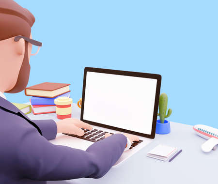 Portrait of handsome cartoon businessman character man over blue background use laptop and white screen for mockup. 3d render illustration.の写真素材