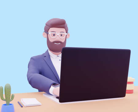 Portrait of handsome cartoon businessman character man over blue background use laptop for presentation. 3d render illustration.の写真素材