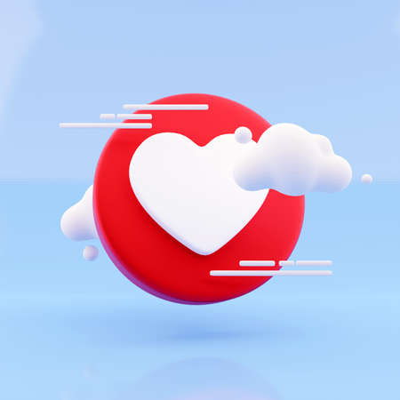 3d render love, heart icon and white cloud on blue background. Heart and red love icon cloud 3d rendering illustrationの写真素材