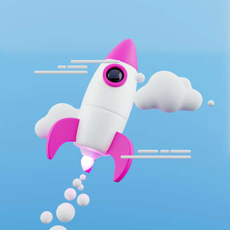 Launching rocket on blue sky background. Startup and exploration concept. 3D Renderingの写真素材