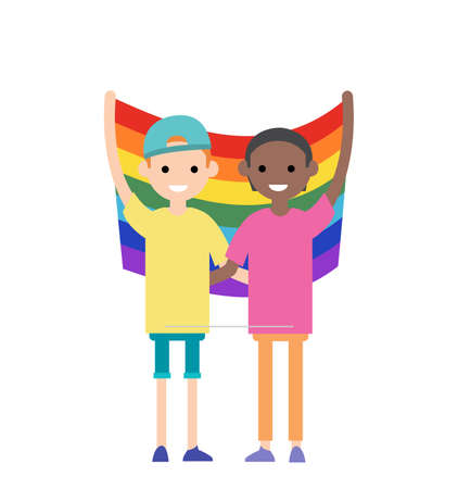 Two boy kiss for an LGBT flag on pink heart . Homosexual people. Vector illustration. Pride Month.のイラスト素材