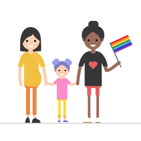 Concept of same-sex marriage. Happy family is going for a walk. Two mothers and son. Flat vector illustration.のイラスト素材