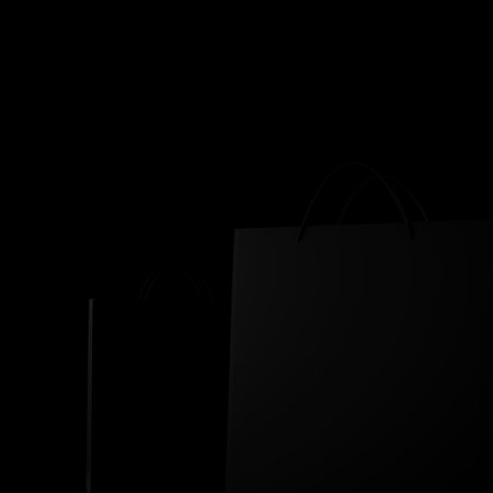 3d render black shop bag on black background. 3d rendering black shopping bag on darkの写真素材