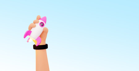 Cartoon 3d hand holding a rocket taking off. 3D Render hand with rocket lift on blue backgroundの写真素材