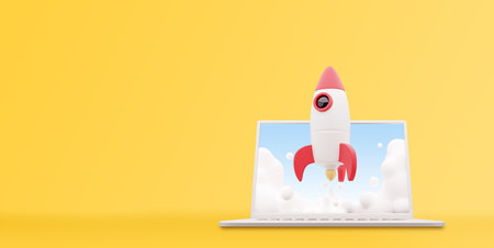 3d render laptop computer screen and rocket illustration design over a yellow background. 3D rendering laptop and rocket on yellowの写真素材