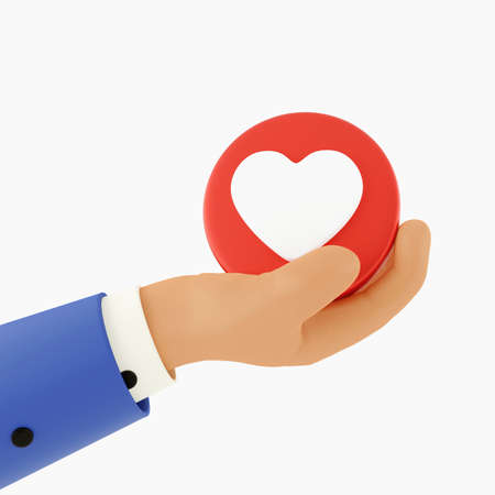 3d render. Cartoon Hand. Like heart icon red isolated on white background.