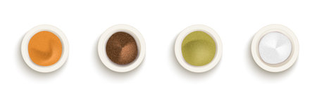 Vector realistic set with spices, rubs for vegetarian, meet, fish dishes garnished greenery. Condiments are in small bowls mustard, salt, chicken curry, saffron, red paprika, onion. Top viewのイラスト素材