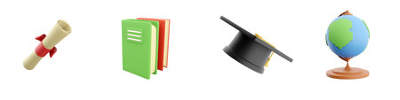 3d render diploma, books, graduation cap, globe icon set on white background. 3d rendering diploma, books, graduation cap, globe icon setの写真素材