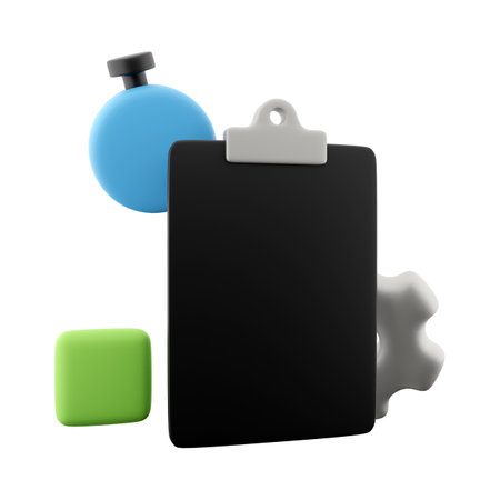 3d rendering clipboard with alarm clock and gear icon. 3d render timer gear and blank note icon. Clipboard with alarm clock and gear.の写真素材