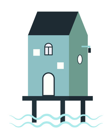 Vector blue house located on a wooden platform above the river eps 10. Vector The apartment, as well as the family, people living together, their household eps 10のイラスト素材