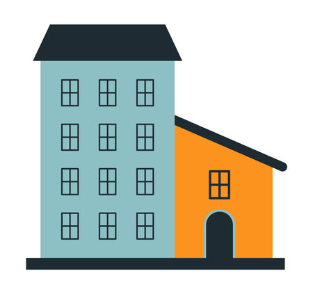 Vector small house adjoining a residential building eps 10. Vector a blue house with 9 windows and a small house with one window and a door eps 10のイラスト素材